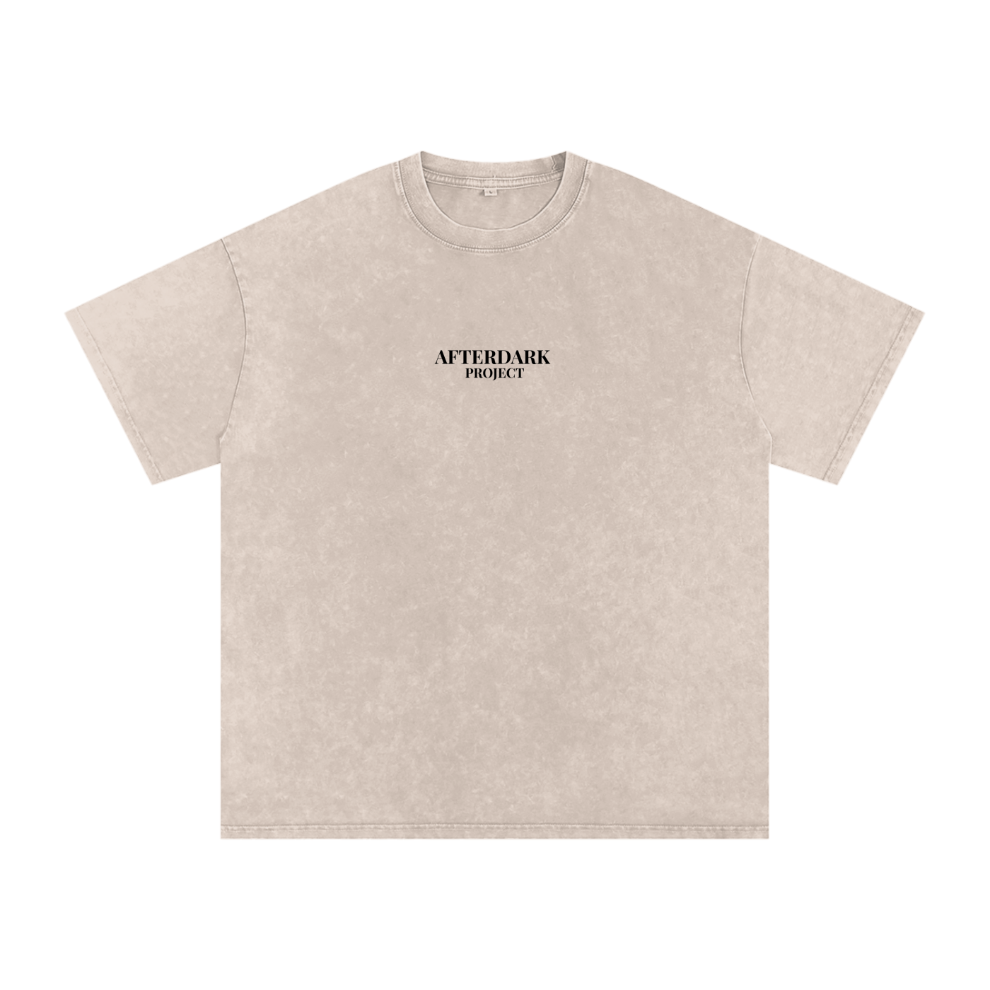 Beige t-shirt with 'Afterdark Project' text on a white background