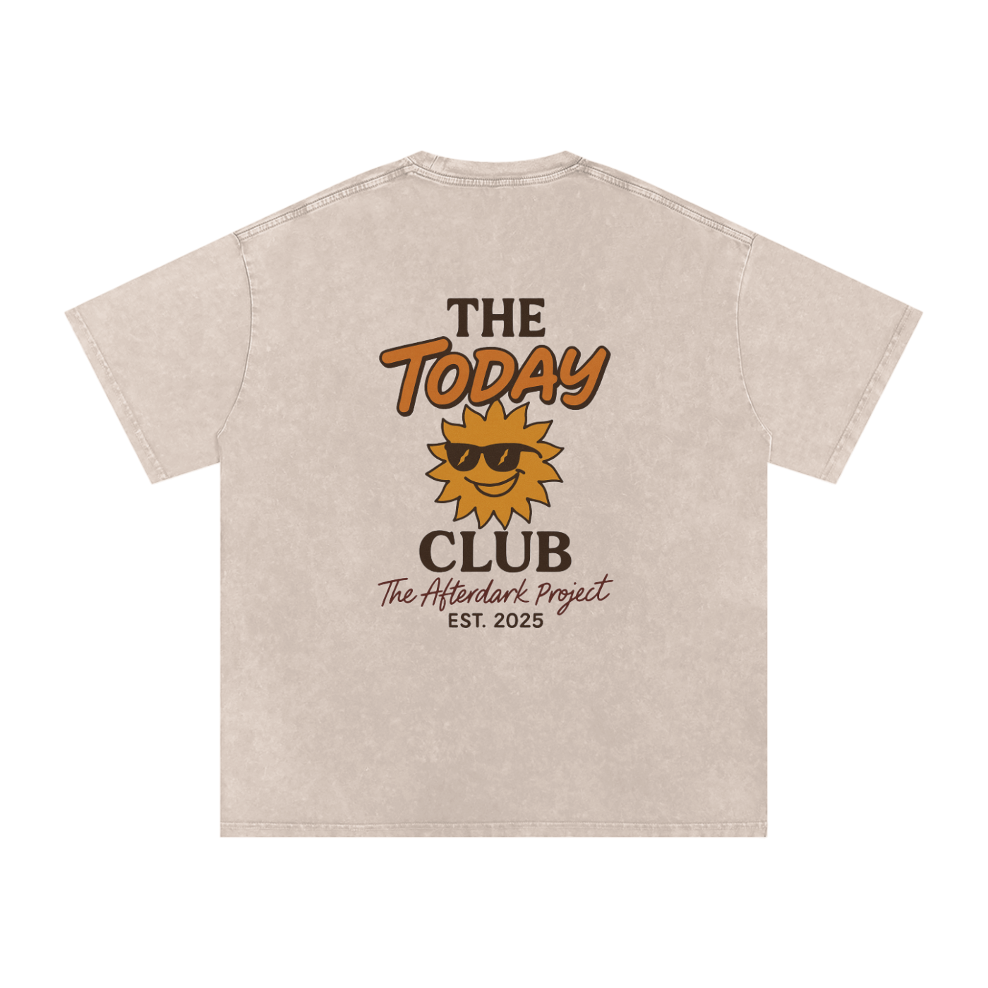 Beige t-shirt with 'The Today Club' logo and text on a white background