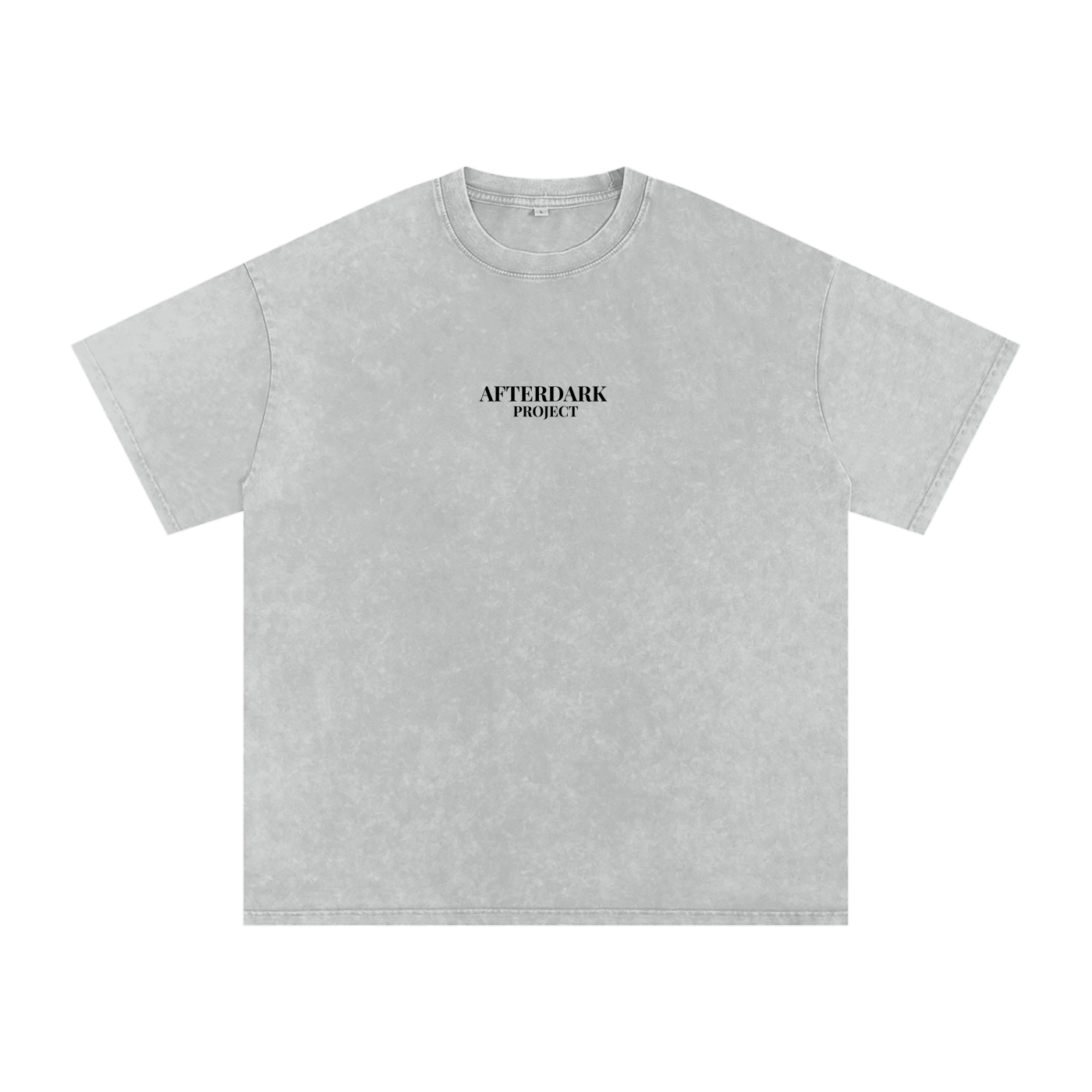 Gray t-shirt with 'Afterdark Project' text on a white background