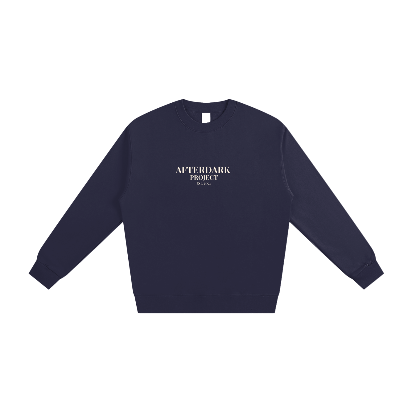 Navy blue sweatshirt with 'Afterdark Project' text on a white background