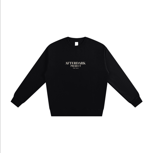 Black sweatshirt with 'Afterdark Project' text on a white background
